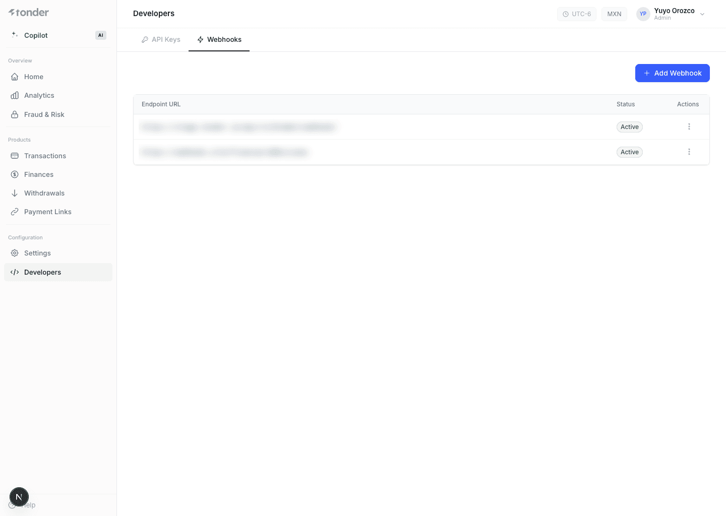 Tonder dashboard Webhooks