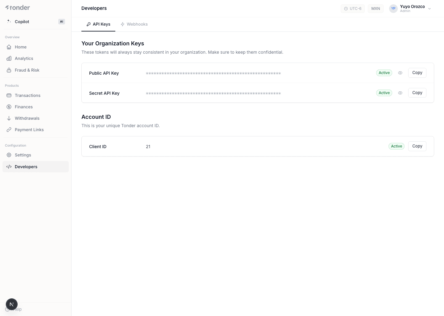 Tonder dashboard Developers