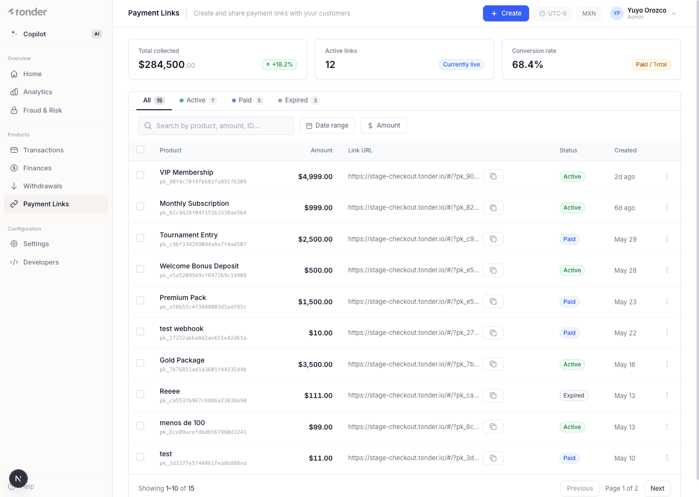 Tonder dashboard Payment Links