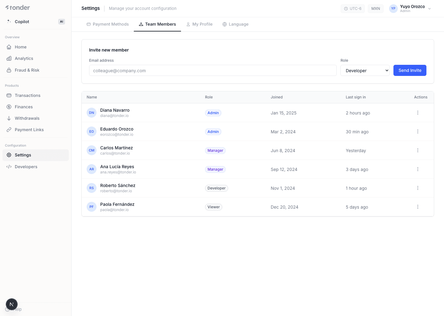 Team Members del dashboard de Tonder