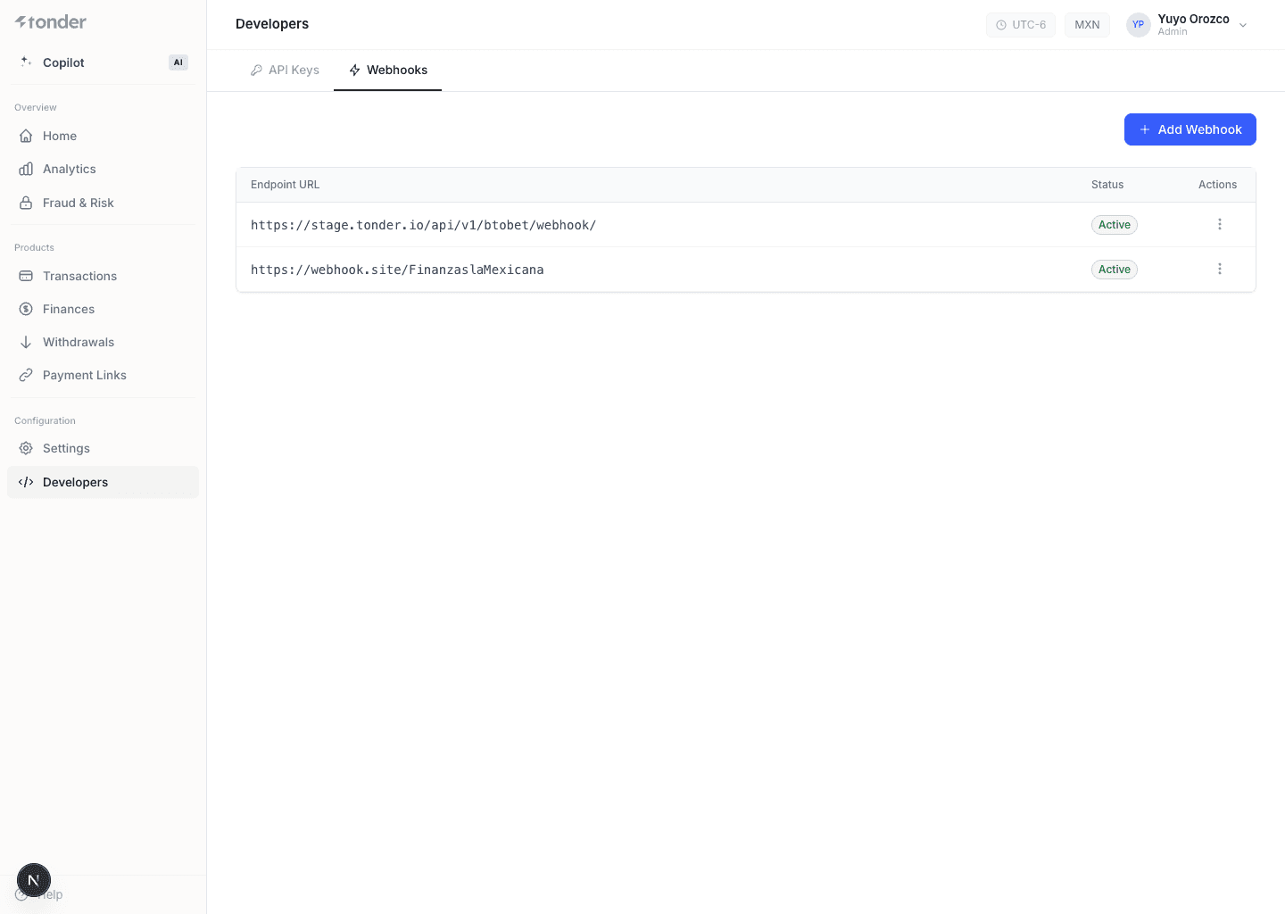 Webhooks del dashboard de Tonder