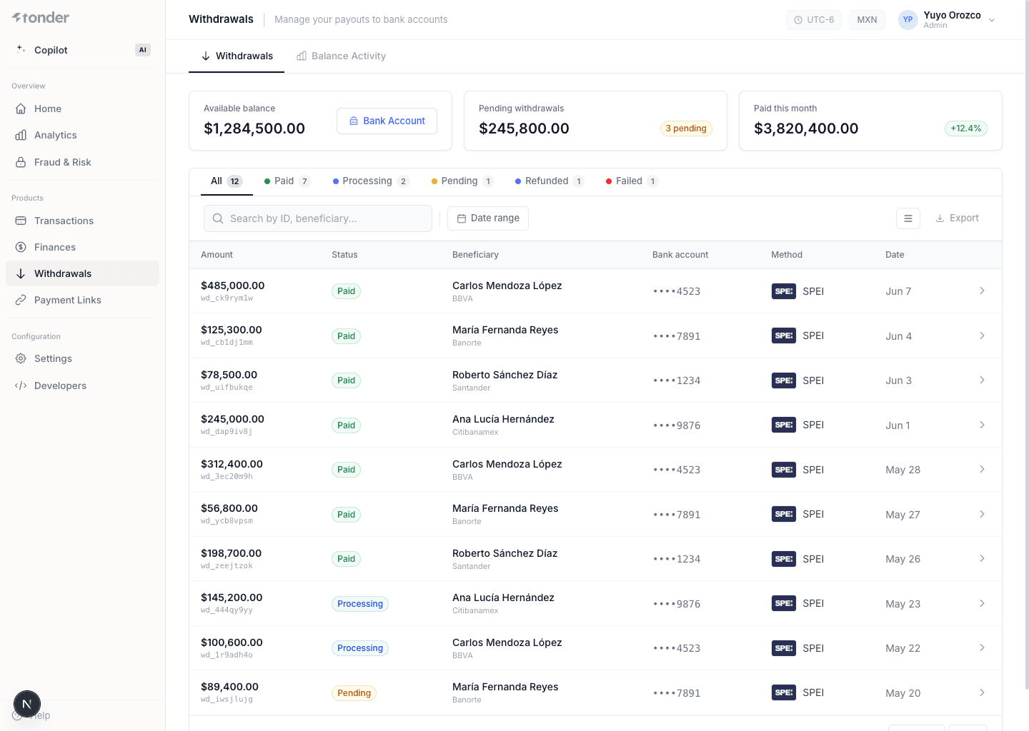 Retiros del dashboard de Tonder