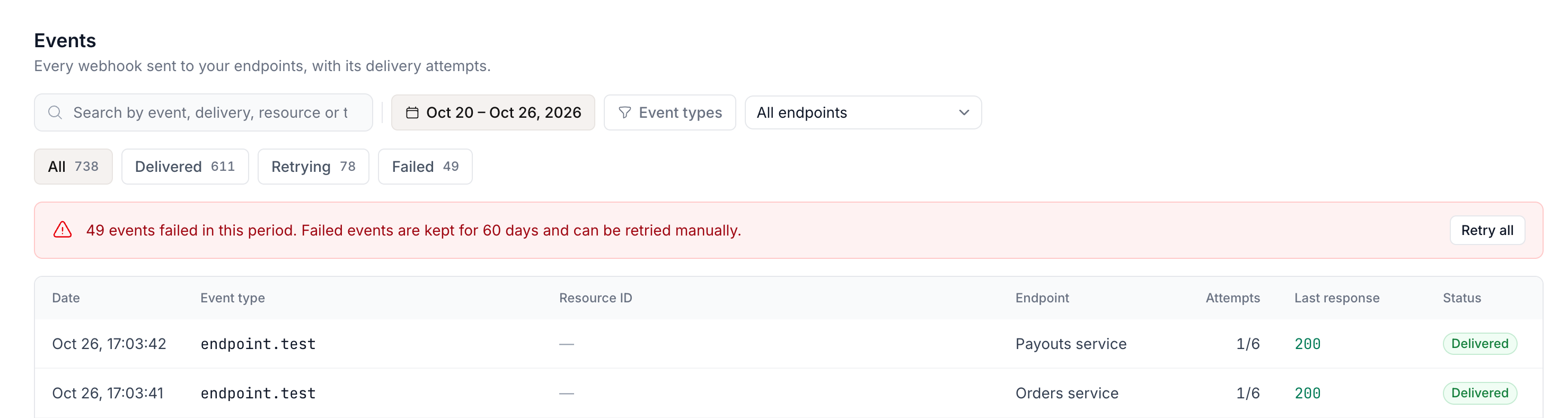 The Events log in Developers › Events